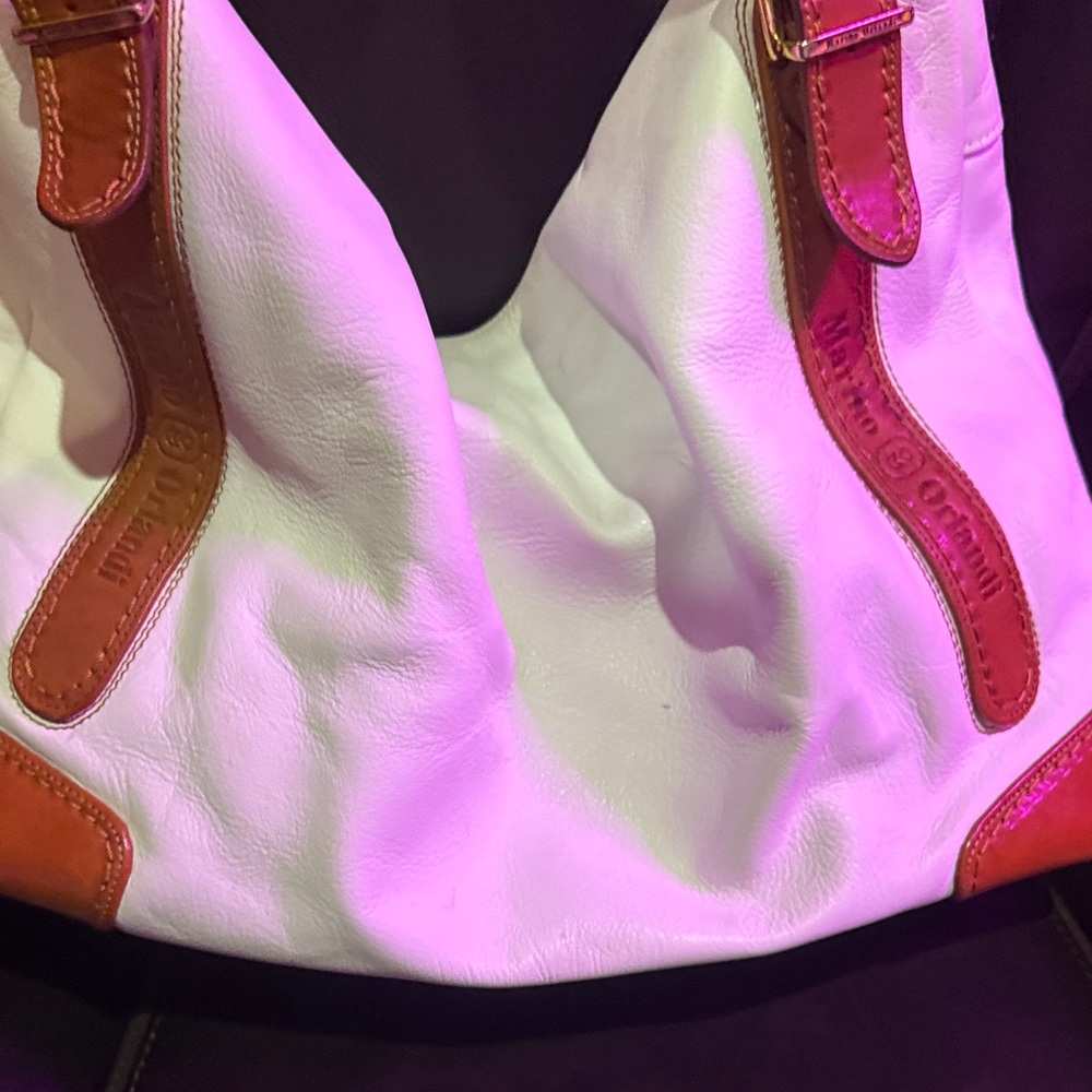 Marino Orlandi White Leather Bag with Brown Leather Trim